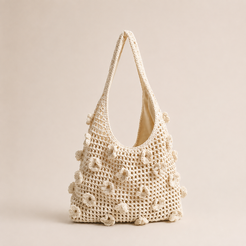 Floral cotton crochet shoulder bag — large hollow-out beach bag | Woven Rove