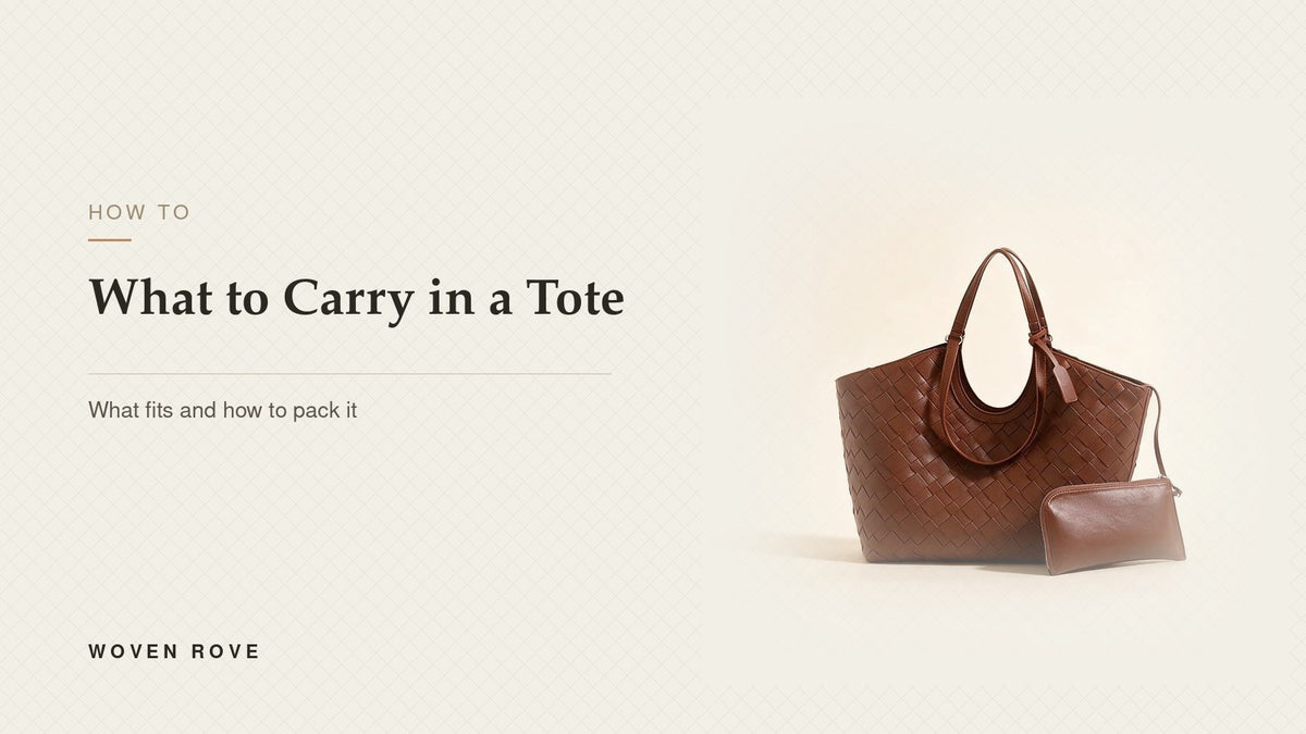 What to carry in a tote — chocolate woven vegan leather carryall | Woven Rove