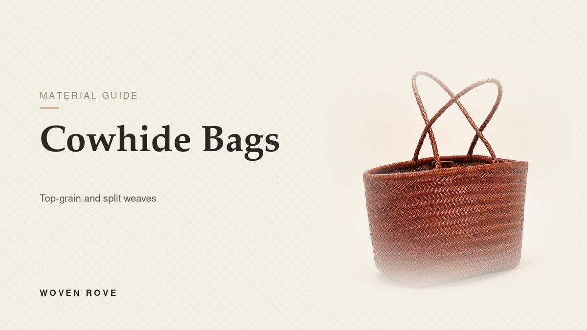 Cowhide bag guide — tan woven cowhide leather tote | Woven Rove