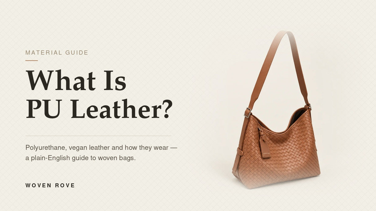 Woven PU leather bag on a warm neutral background — What Is PU Leather? material guide | Woven Rove