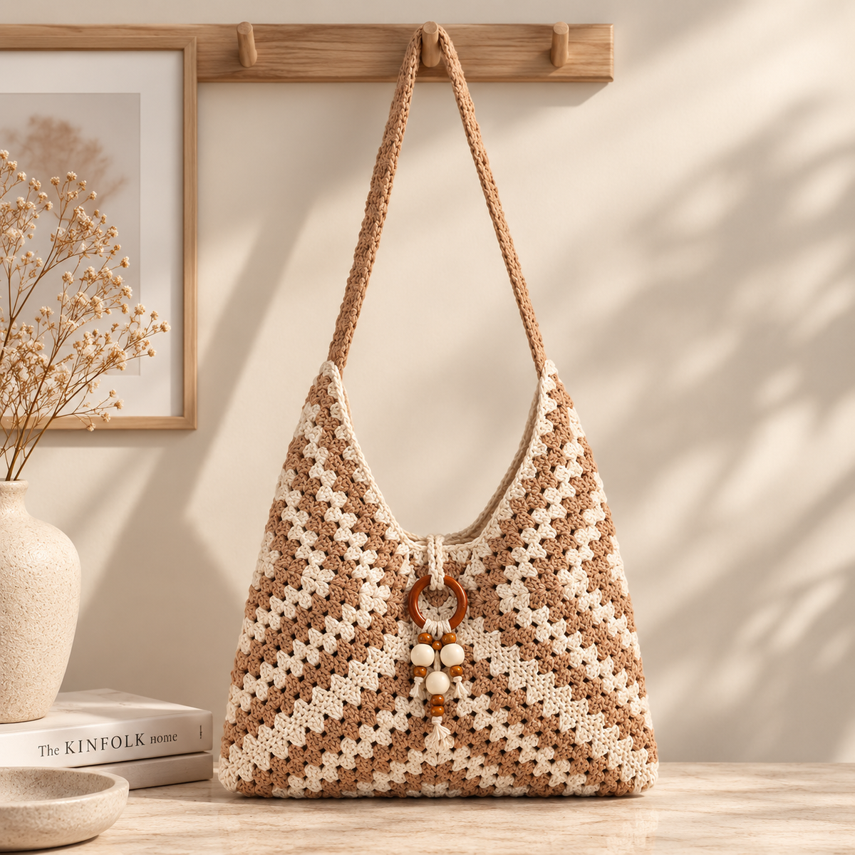 Cotton Woven Shoulder Bag — Colorful Granny Stitch Crochet Beach Bag in Multi-color