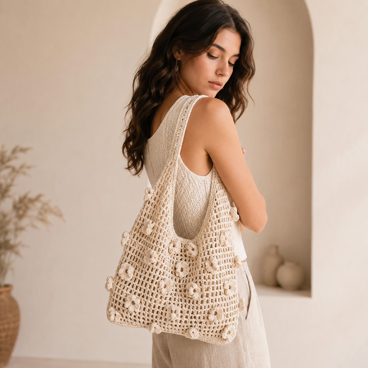 Floral cotton crochet shoulder bag — alternate view
