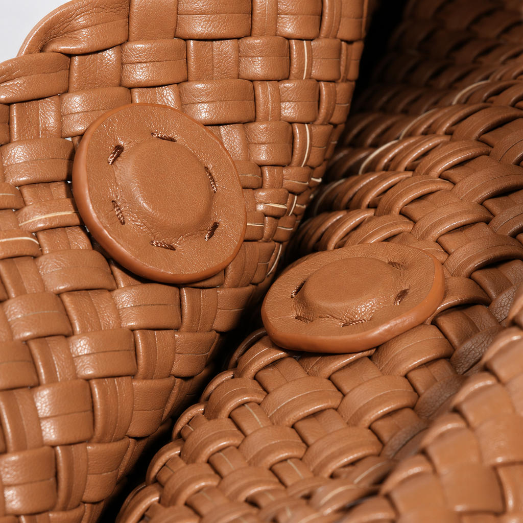 Nest Woven PU Tote with Pouch — close-up of woven vegan leather texture