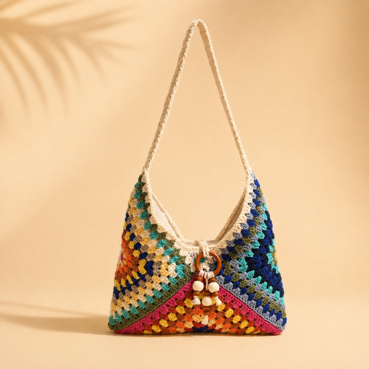 Colorful granny stitch crochet beach bag — cotton woven shoulder bag | Woven Rove
