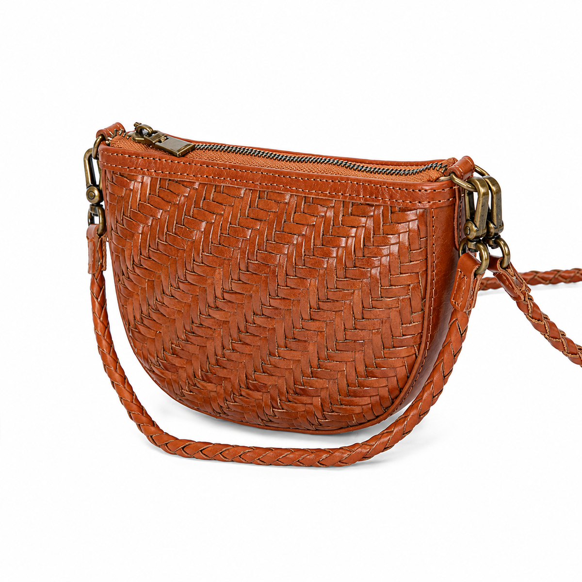 Mini Crescent Woven Cowhide Bag — close-up of cowhide weave