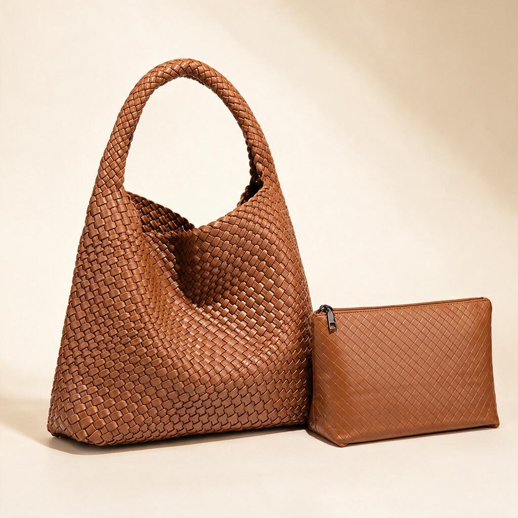 Brown woven tote bag with matching pouch — vegan leather work tote | Woven Rove