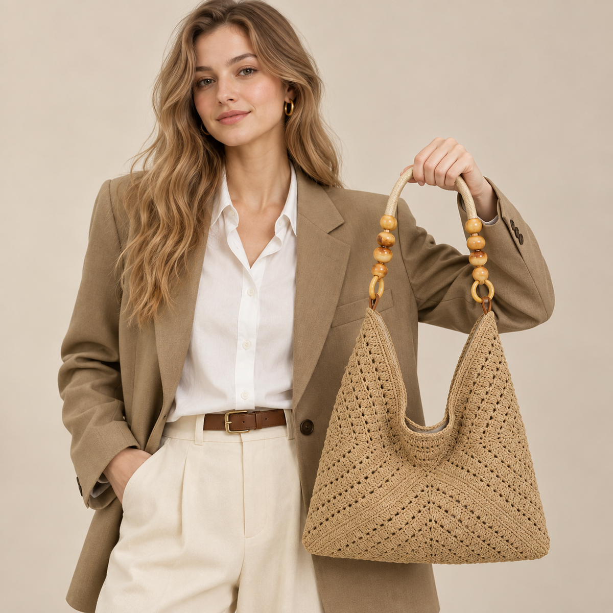 Large straw woven tote bag — handle detail