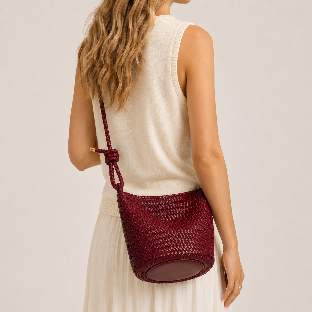 Rope-Handle Woven PU Bucket Bag — close-up of rope handle