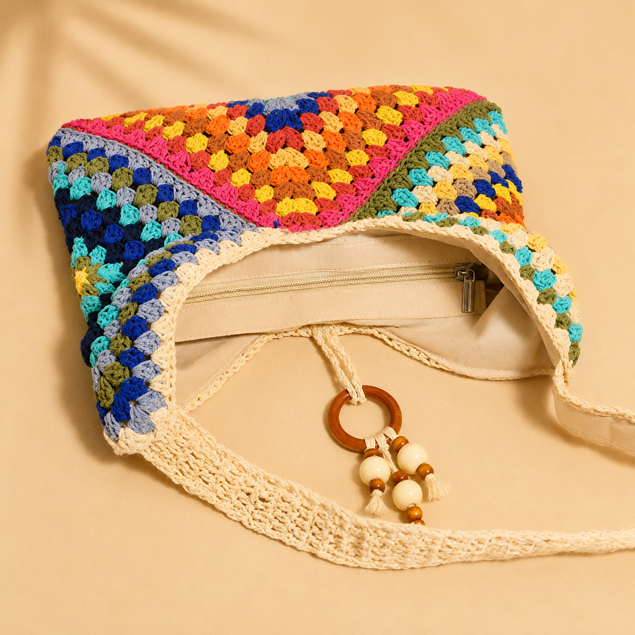 Colorful granny stitch crochet beach bag — alternate view