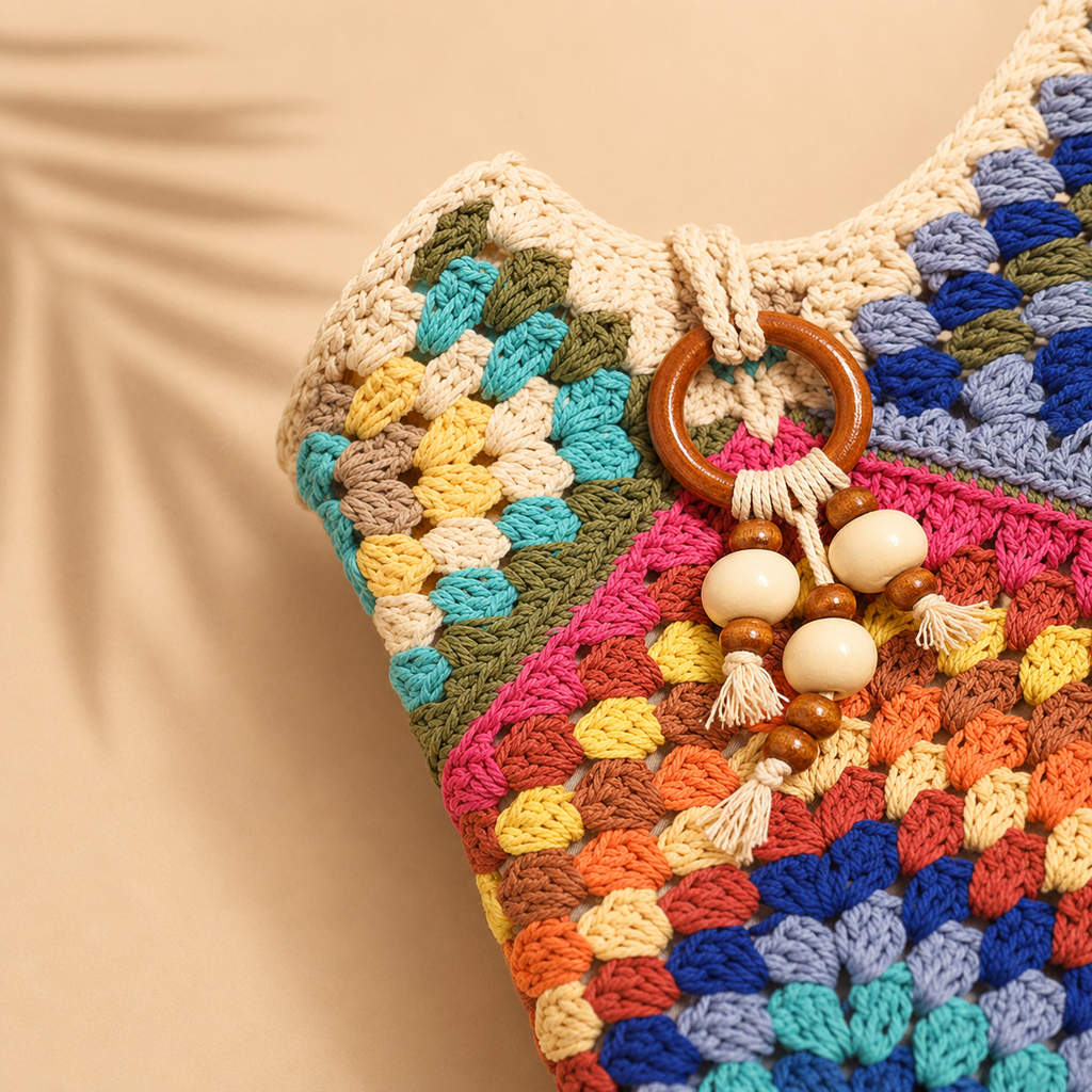 Colorful granny stitch crochet beach bag — strap detail