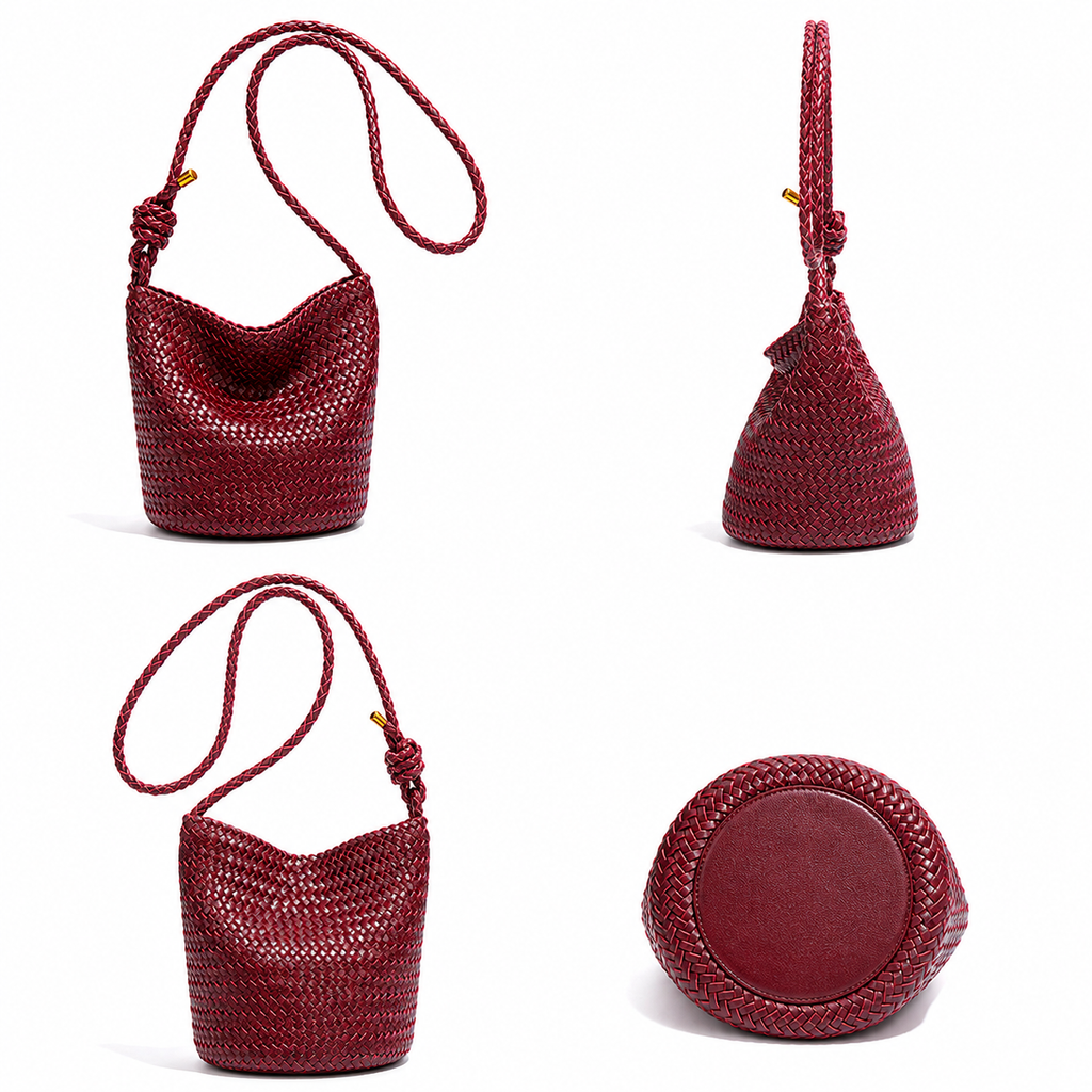 Rope-Handle Woven PU Bucket Bag — interior view