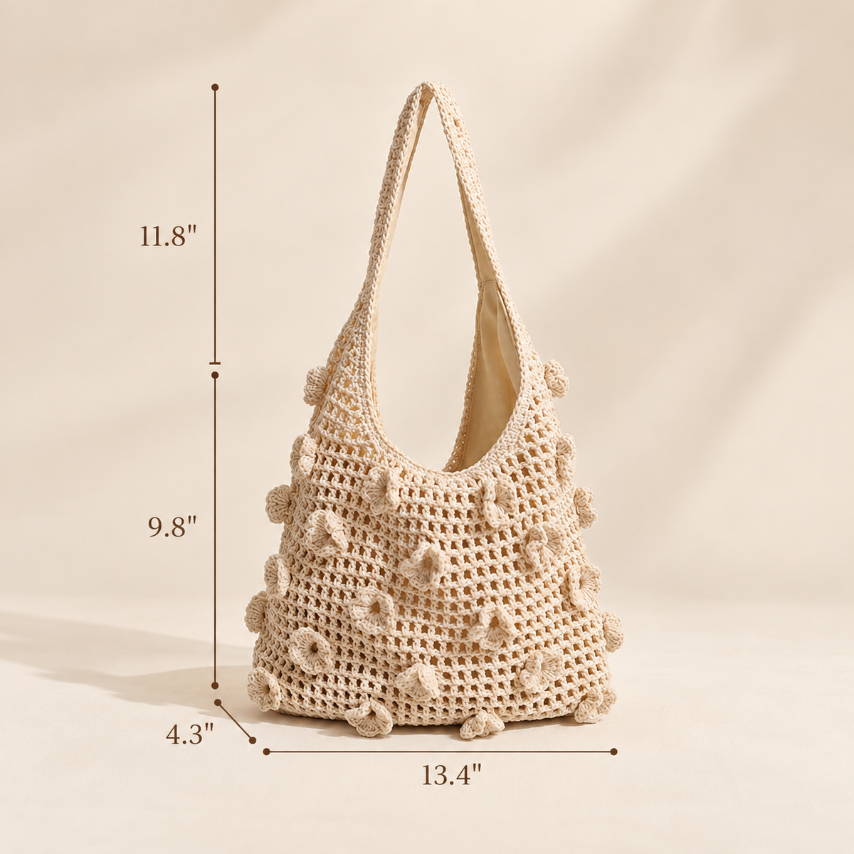 Floral Cotton Woven Shoulder Bag — Large Capacity Hollow-Out Beach Bag