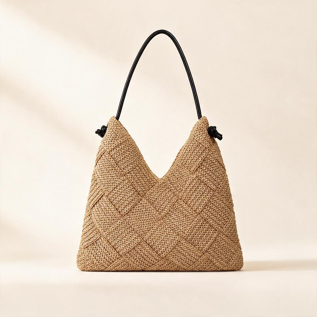 Paper straw (raffia-style) shoulder bag with geometric triangle weave — woven summer bag | Woven Rove