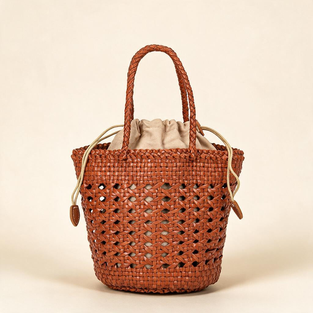 Open-weave cowhide bucket bag — genuine leather woven bag | Woven Rove