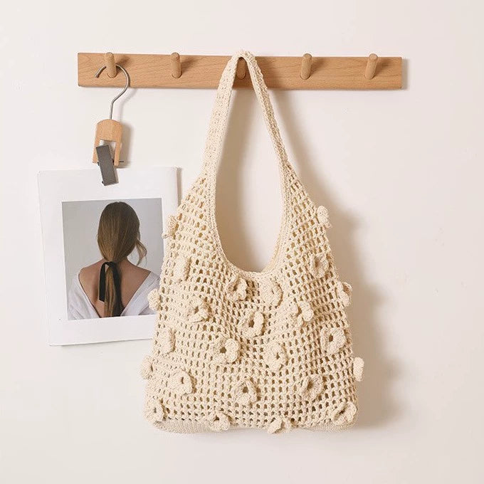 Floral Cotton Woven Shoulder Bag – Large Capacity Hollow-Out Beach Bag