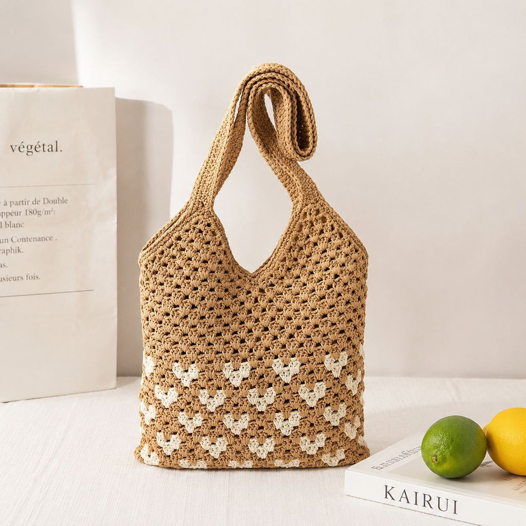 Heart Motif Cotton Crochet Shoulder Bag — close-up of heart motif crochet