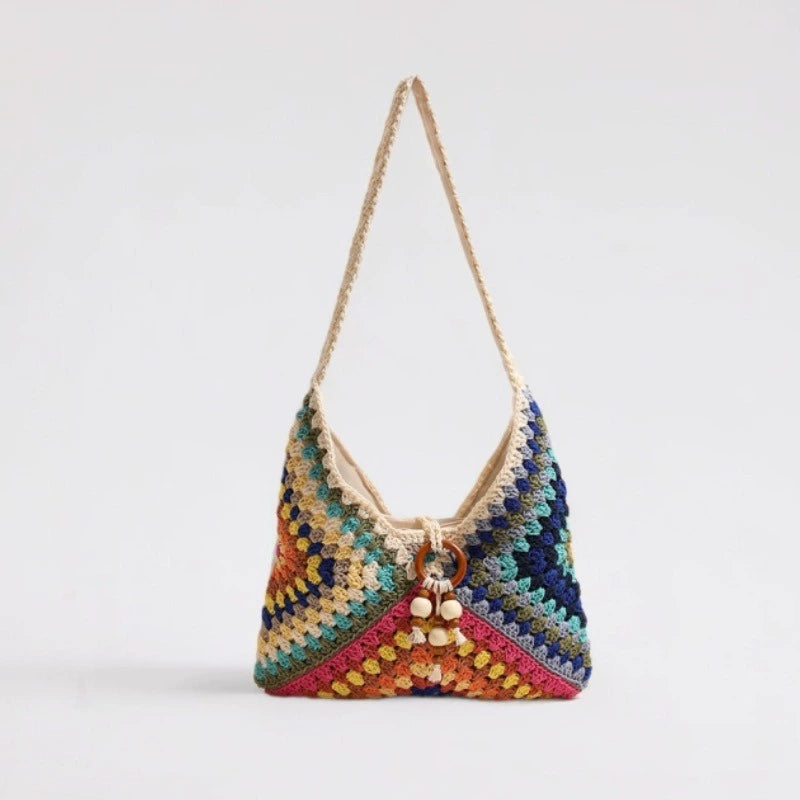Cotton Woven Shoulder Bag – Colorful Granny Stitch Crochet Beach Bag