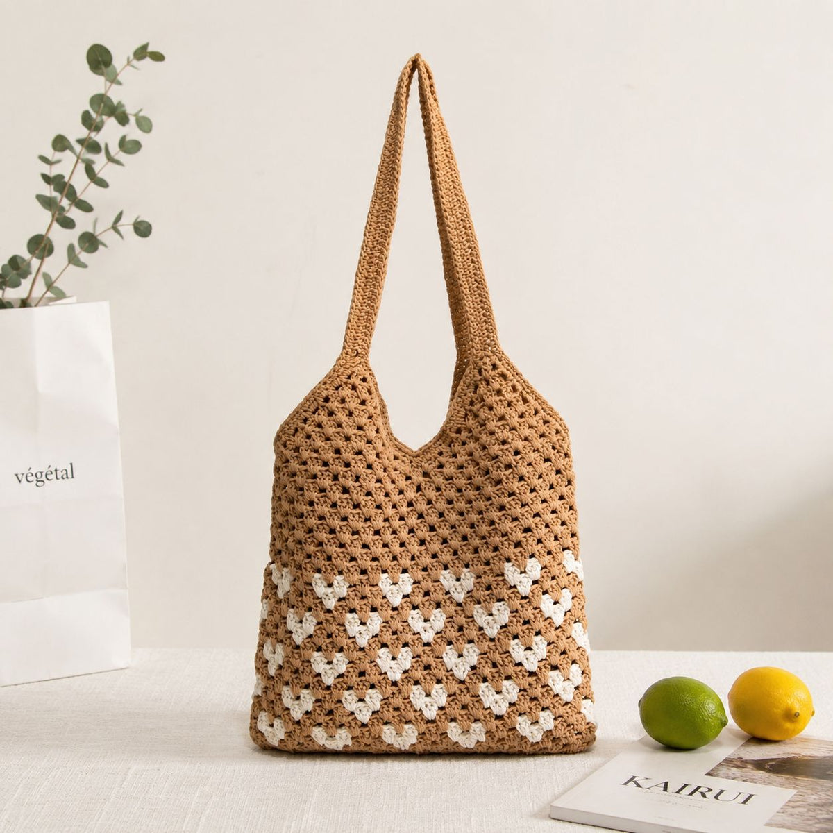 Heart Motif Cotton Crochet Shoulder Bag — alternate view