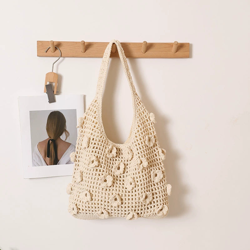 Floral Cotton Woven Shoulder Bag – Large Capacity Hollow-Out Beach Bag