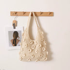 Floral Cotton Woven Shoulder Bag – Large Capacity Hollow-Out Beach Bag