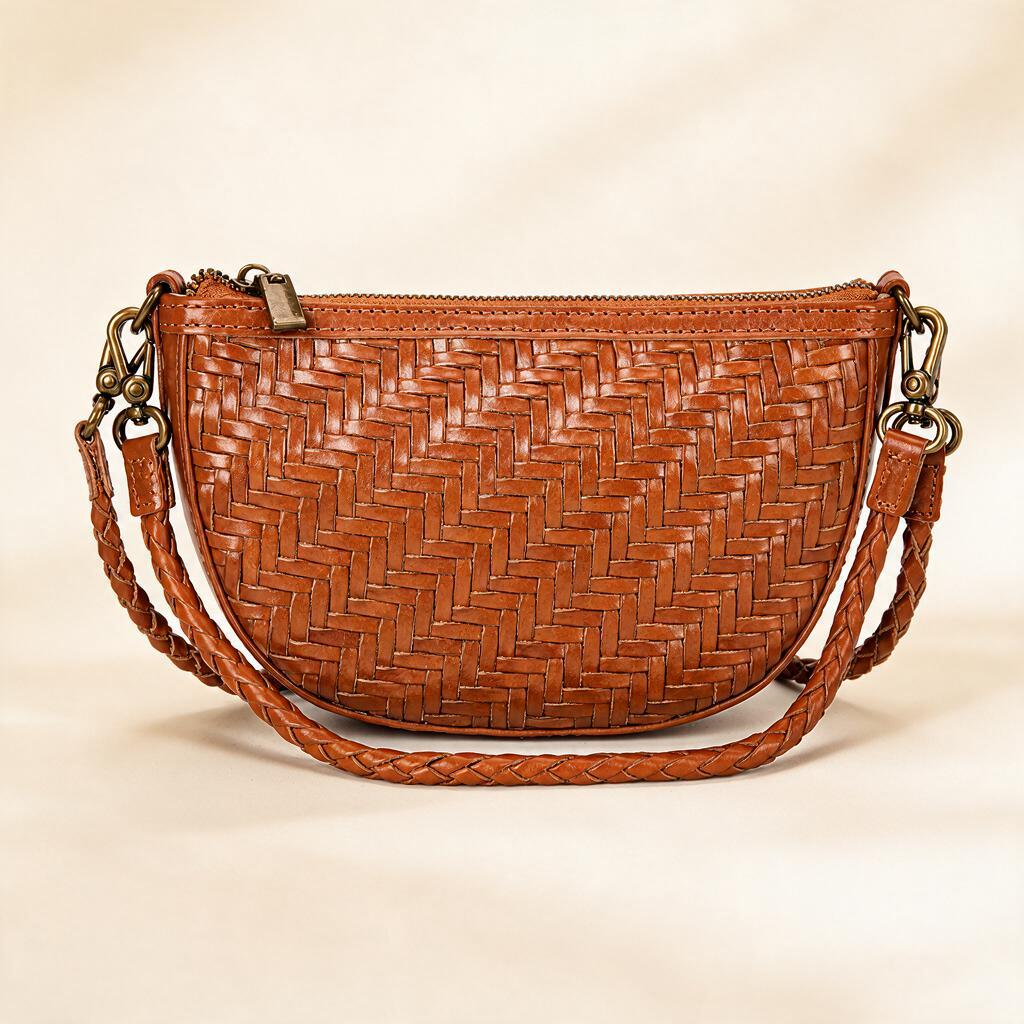 Brown woven cowhide bag — mini crescent crossbody | Woven Rove