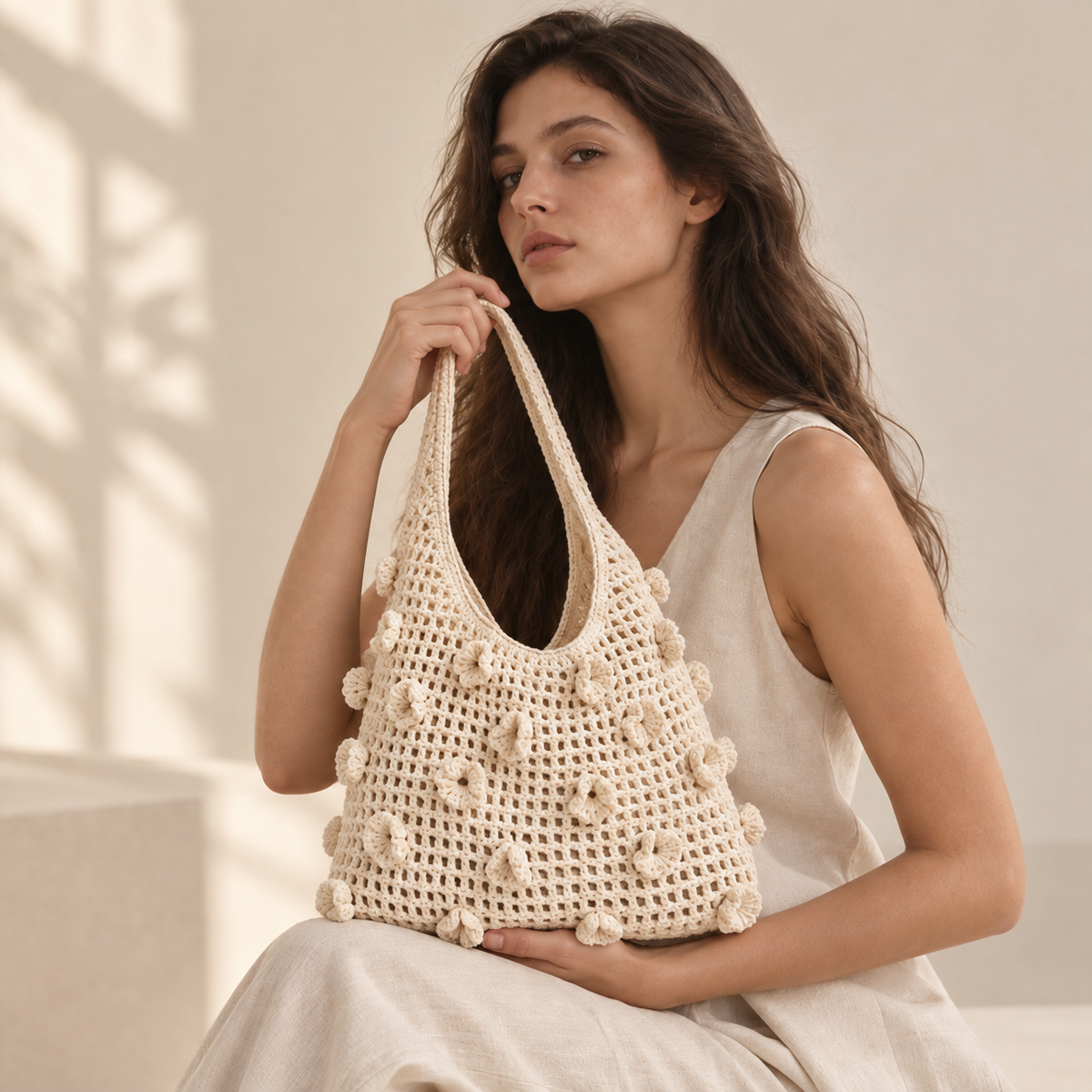 Floral Cotton Woven Shoulder Bag — Large Capacity Hollow-Out Beach Bag