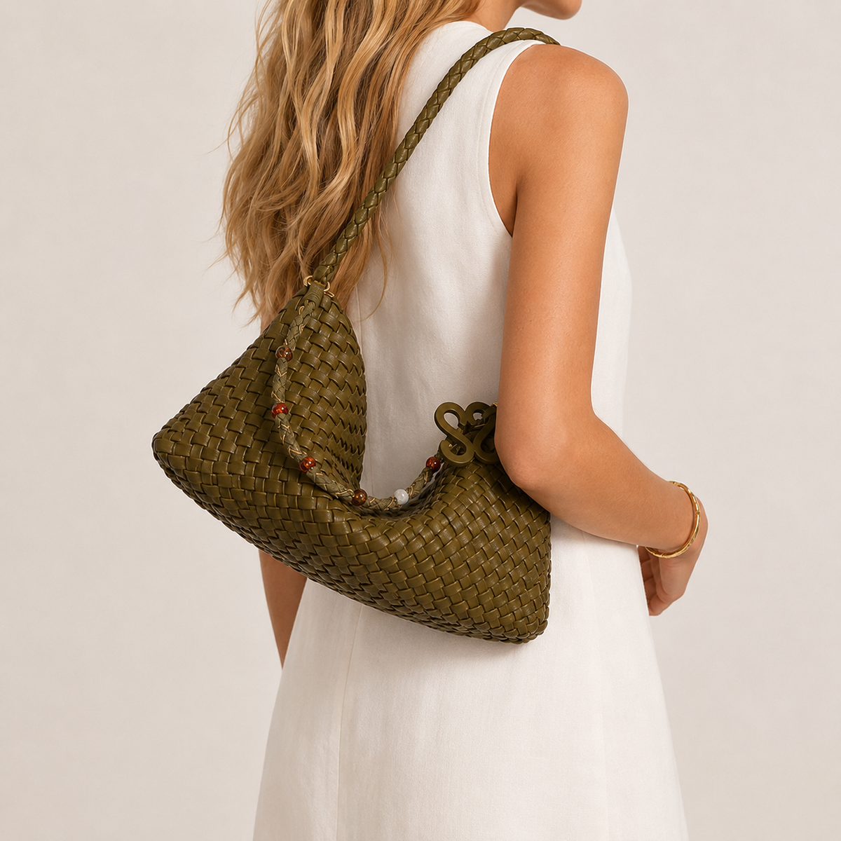 Drape Woven PU Shoulder Bag with Pouch — close-up of draped silhouette