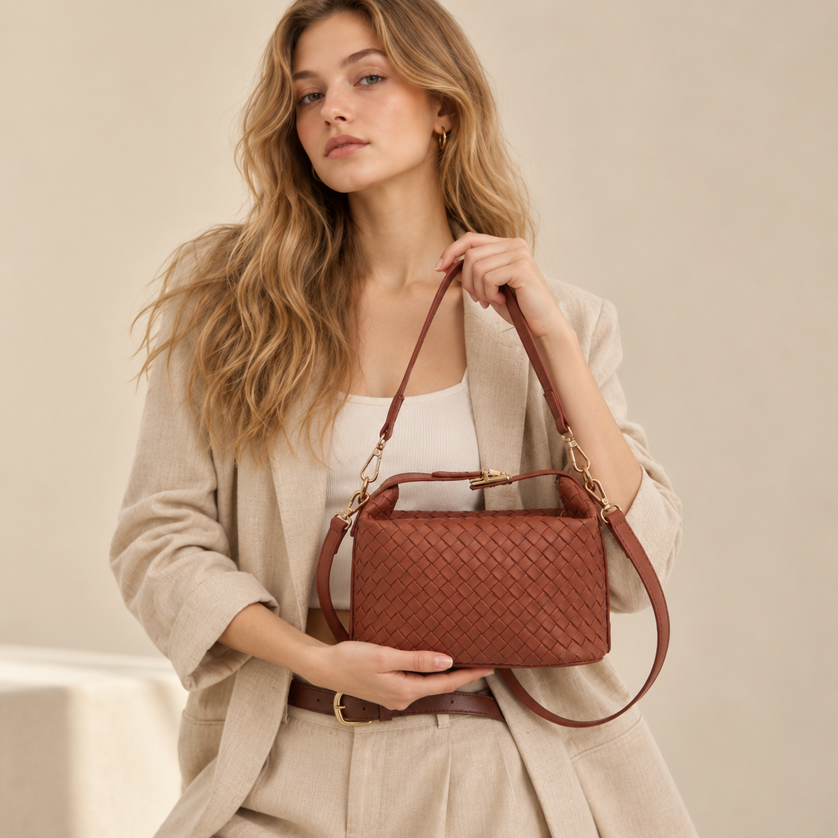 Brown woven vegan leather (PU) structured top-handle handbag — Box product view | Woven Rove