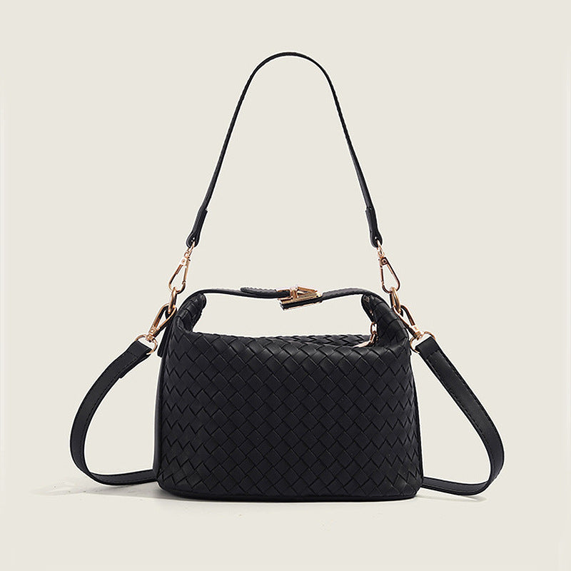 Black woven vegan leather (PU) structured top-handle handbag — Box product view | Woven Rove
