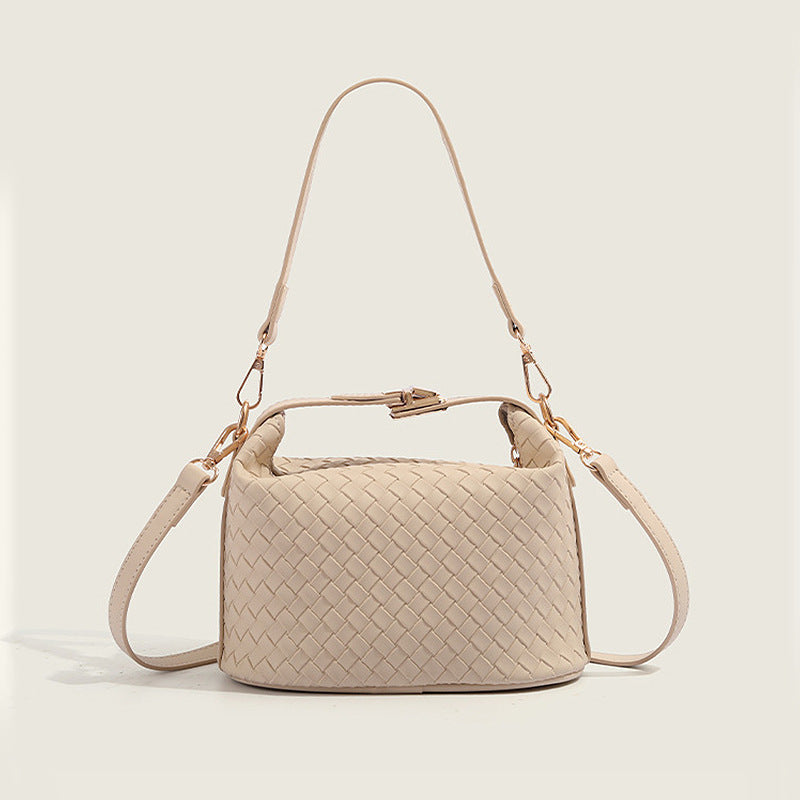 Ivory woven vegan leather (PU) structured top-handle handbag — Box product view | Woven Rove