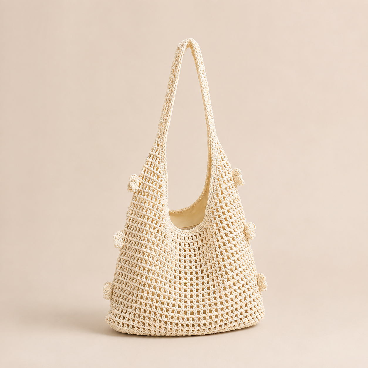 Floral cotton crochet shoulder bag — close-up of floral crochet pattern