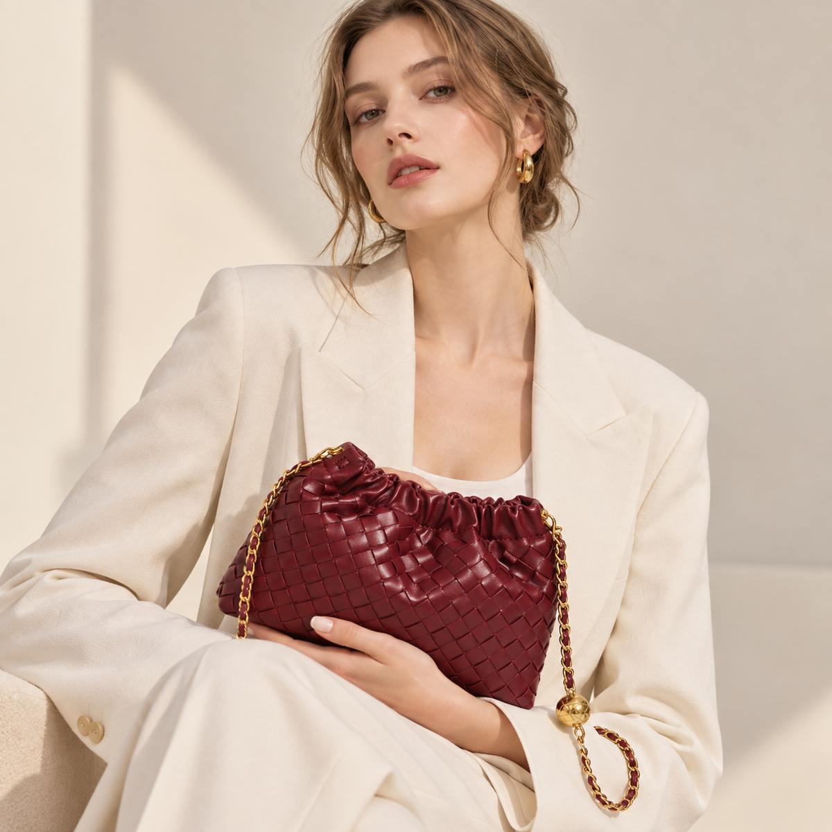 Burgundy woven vegan leather (PU) chain shoulder bag — Cloud product view | Woven Rove