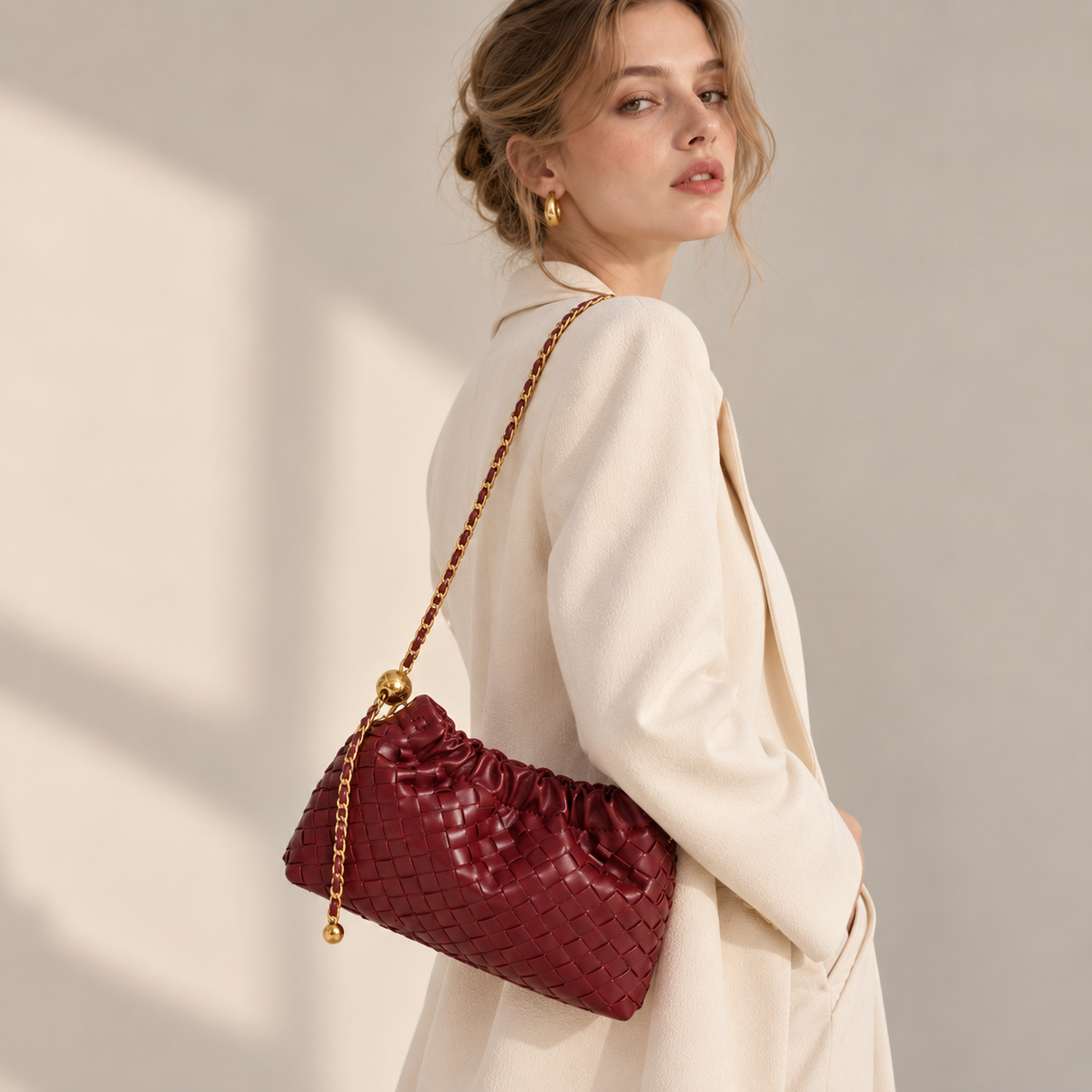 Burgundy woven vegan leather (PU) chain shoulder bag — Cloud product view | Woven Rove