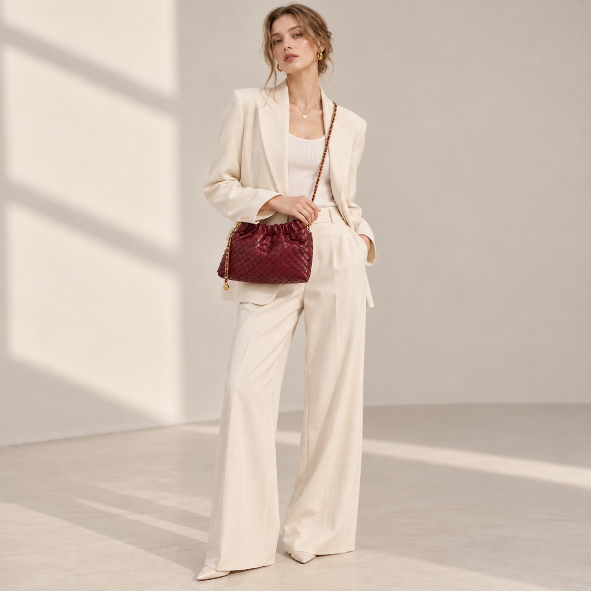 Burgundy woven vegan leather (PU) chain shoulder bag — Cloud product view | Woven Rove