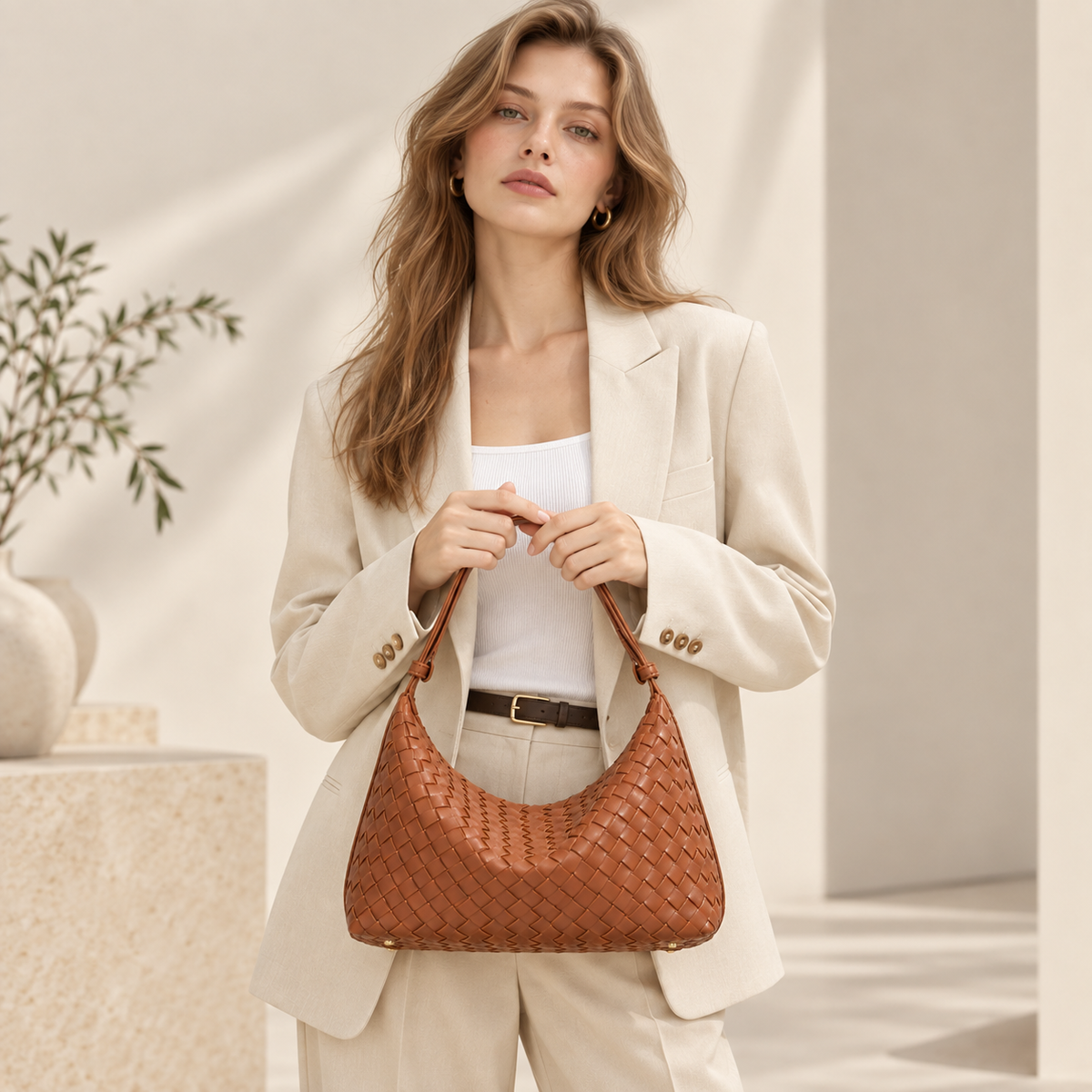 Brown woven vegan leather (PU) hobo bag — Curve product view | Woven Rove