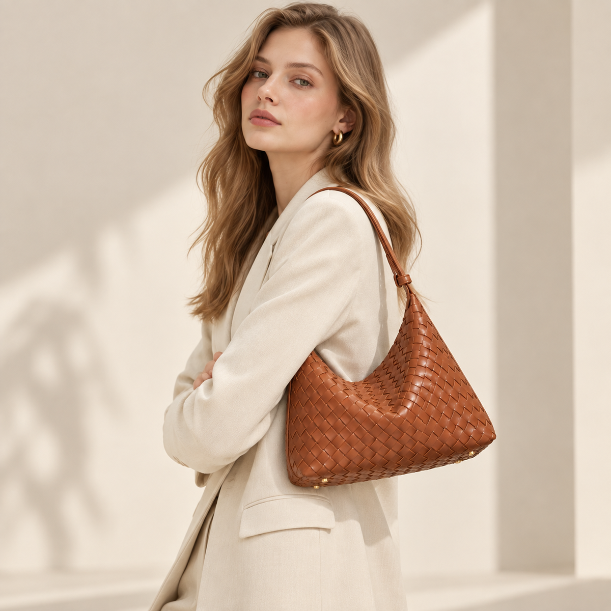 Brown woven vegan leather (PU) hobo bag — Curve product view | Woven Rove