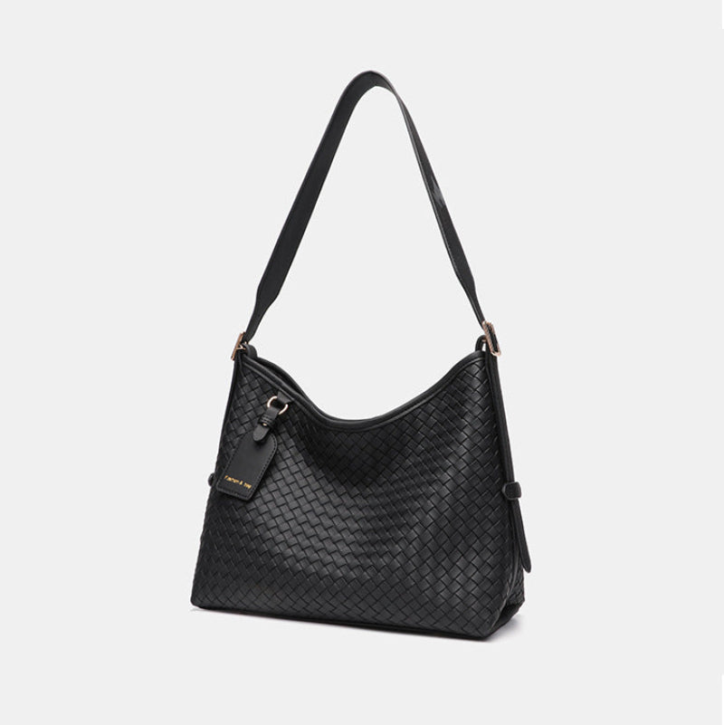 Black woven vegan leather (PU) work tote bag — Daily product view | Woven Rove