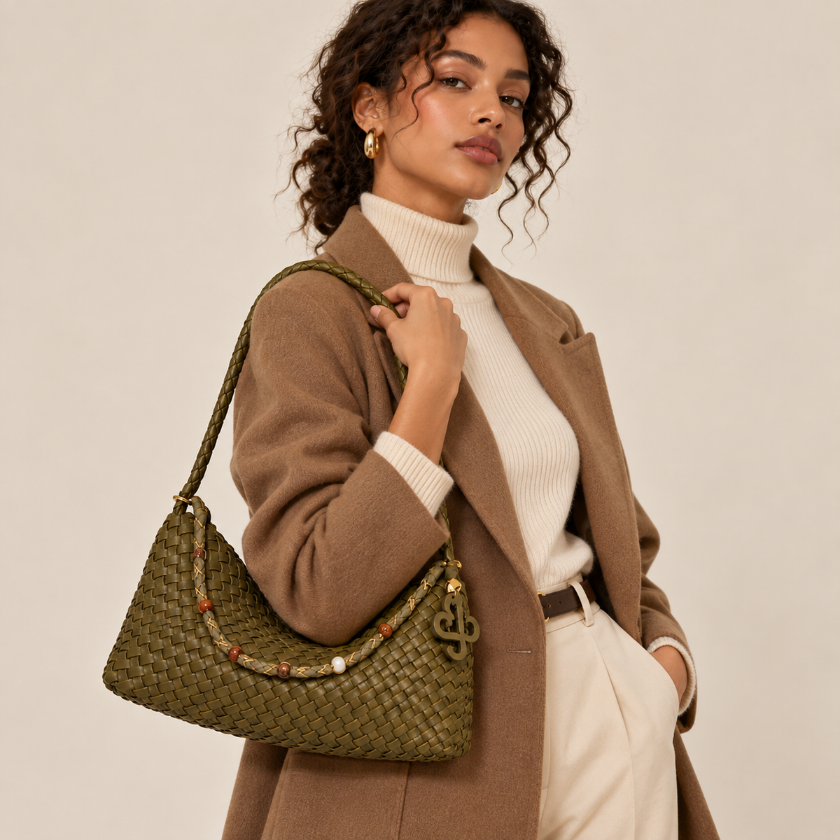 Caramel Brown woven vegan leather (PU) shoulder bag with pouch — Drape product view | Woven Rove