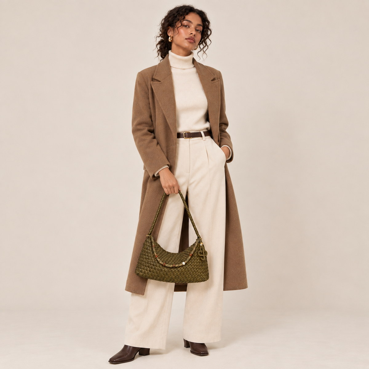 Caramel Brown woven vegan leather (PU) shoulder bag with pouch — Drape product view | Woven Rove