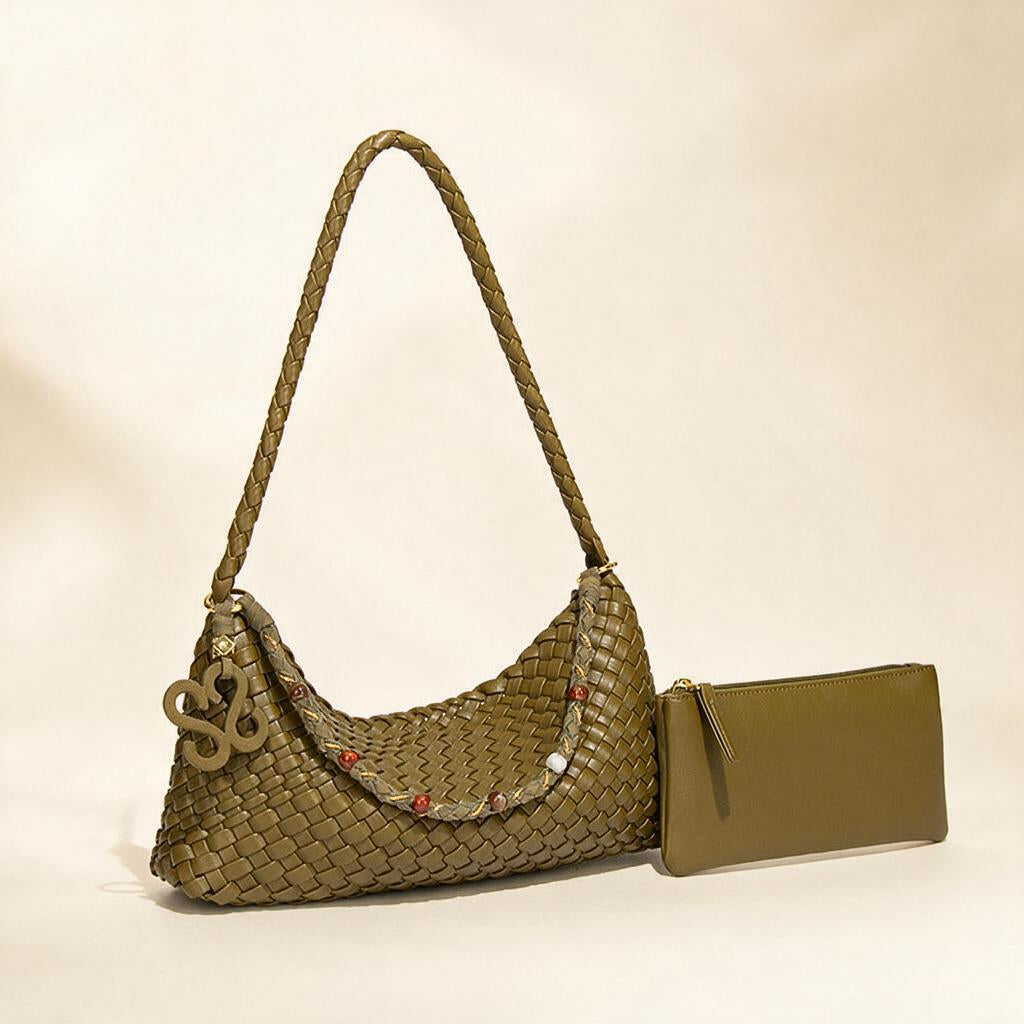 Green woven vegan leather (PU) shoulder bag with pouch — Drape silhouette view | Woven Rove