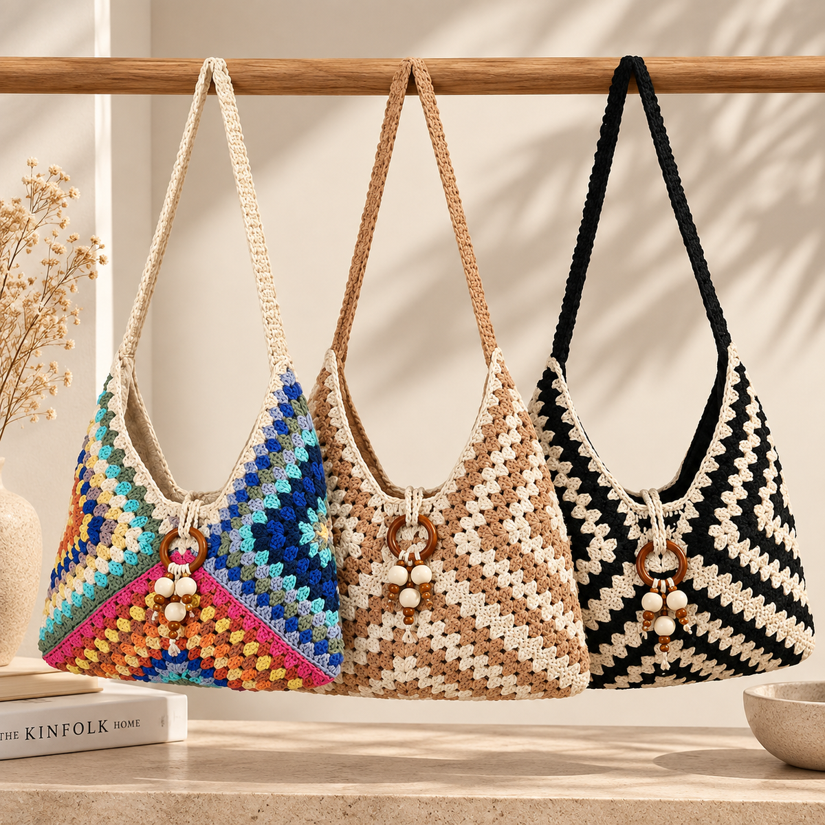 Cotton Woven Shoulder Bag — Colorful Granny Stitch Crochet Beach Bag