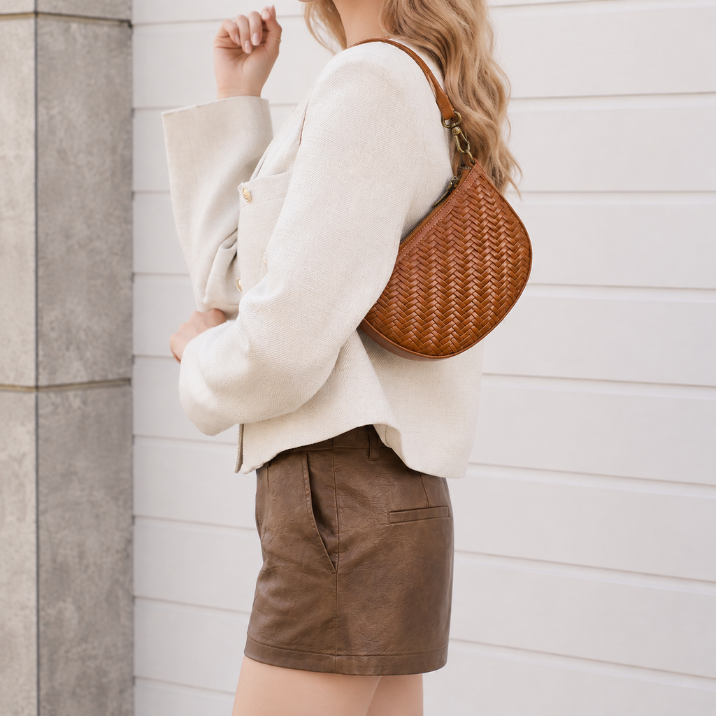 Mini Crescent Woven Cowhide Bag — strap detail