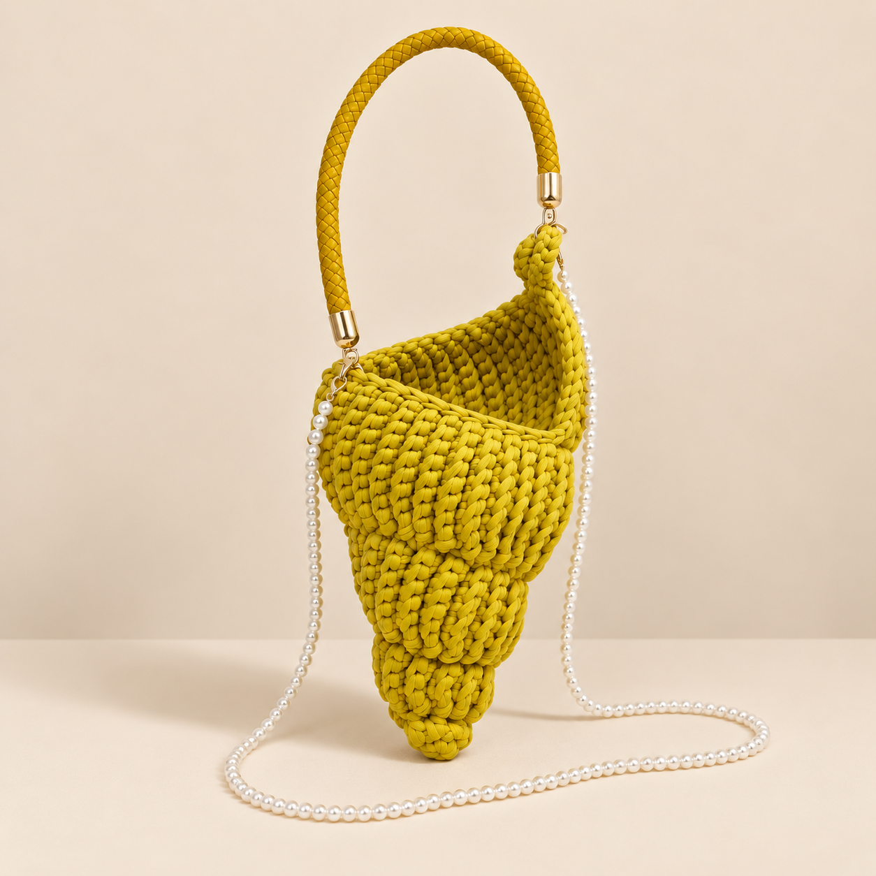 Handmade crochet conch shell bag — interior view