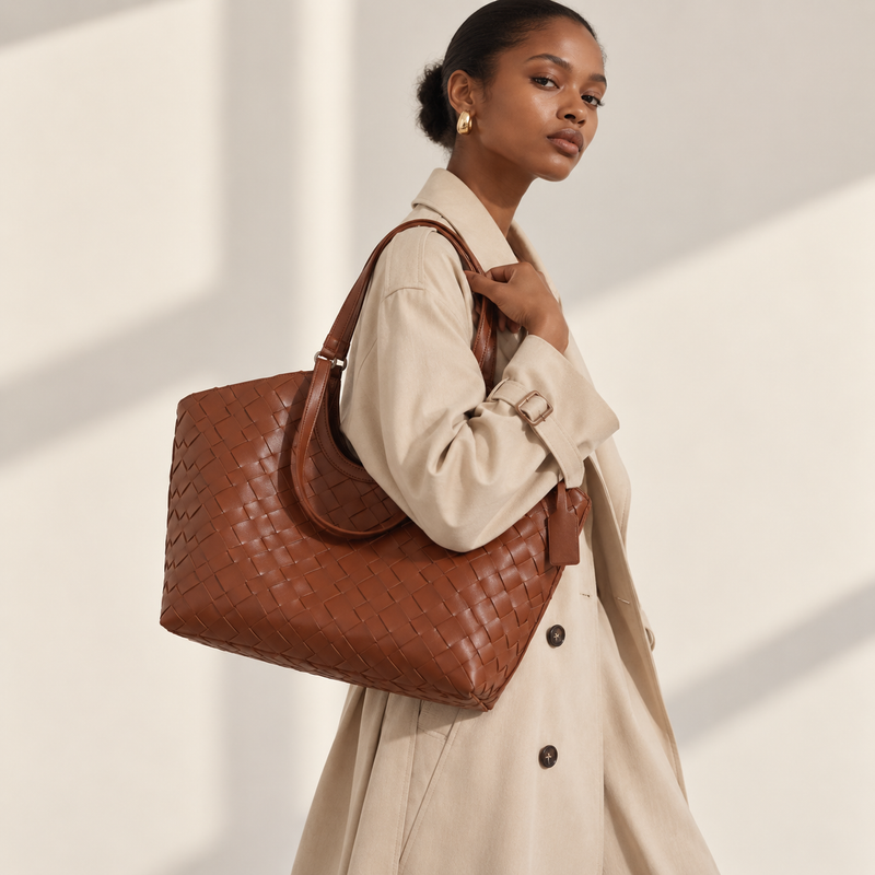 Woven Vegan Leather (PU) Tote Bag – Everyday Large Carryall Work Handbag
