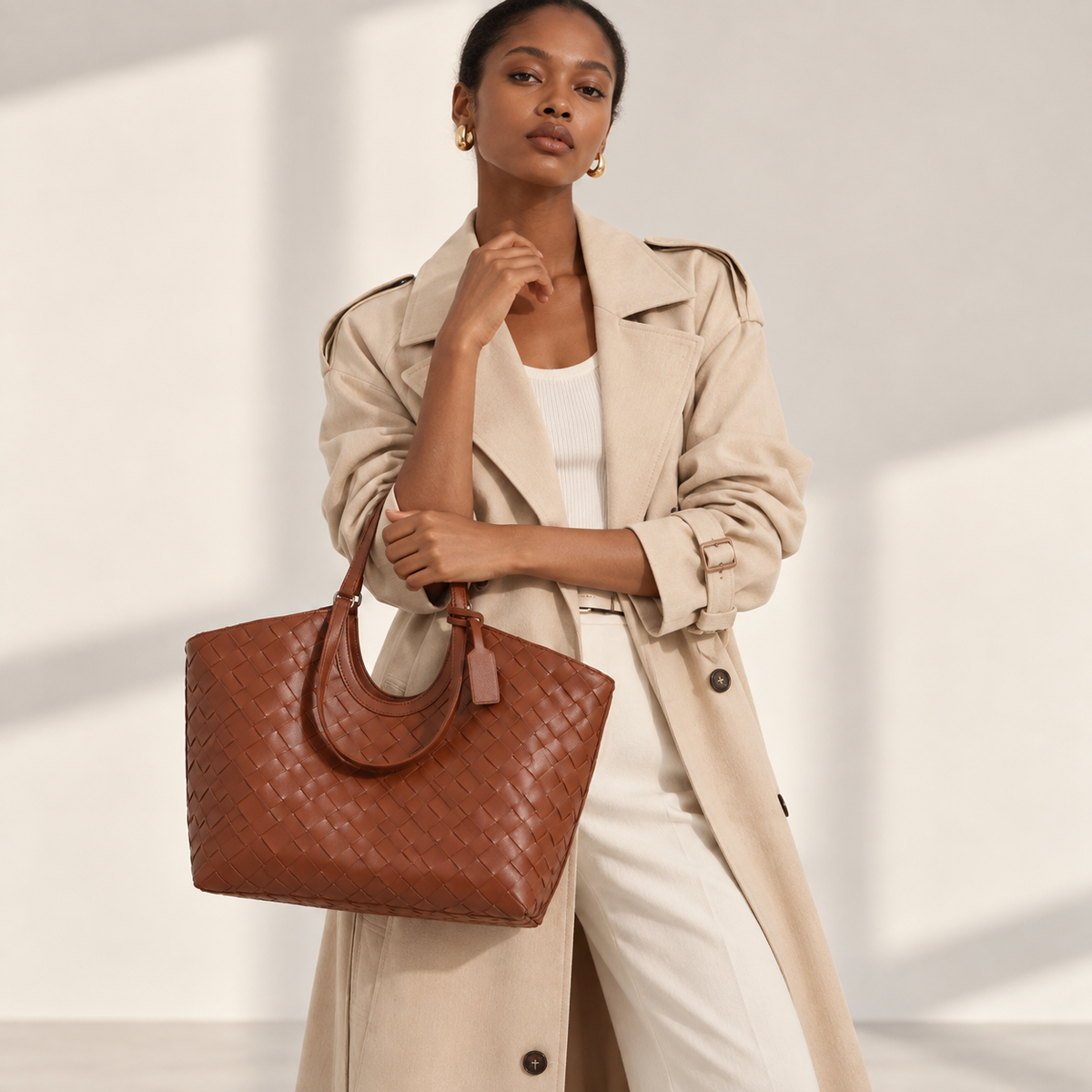 Chocolate woven vegan leather (PU) large carryall tote bag — Everyday product view | Woven Rove