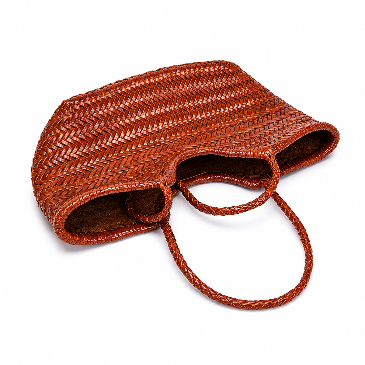 Herringbone Woven Cowhide Basket — handle detail