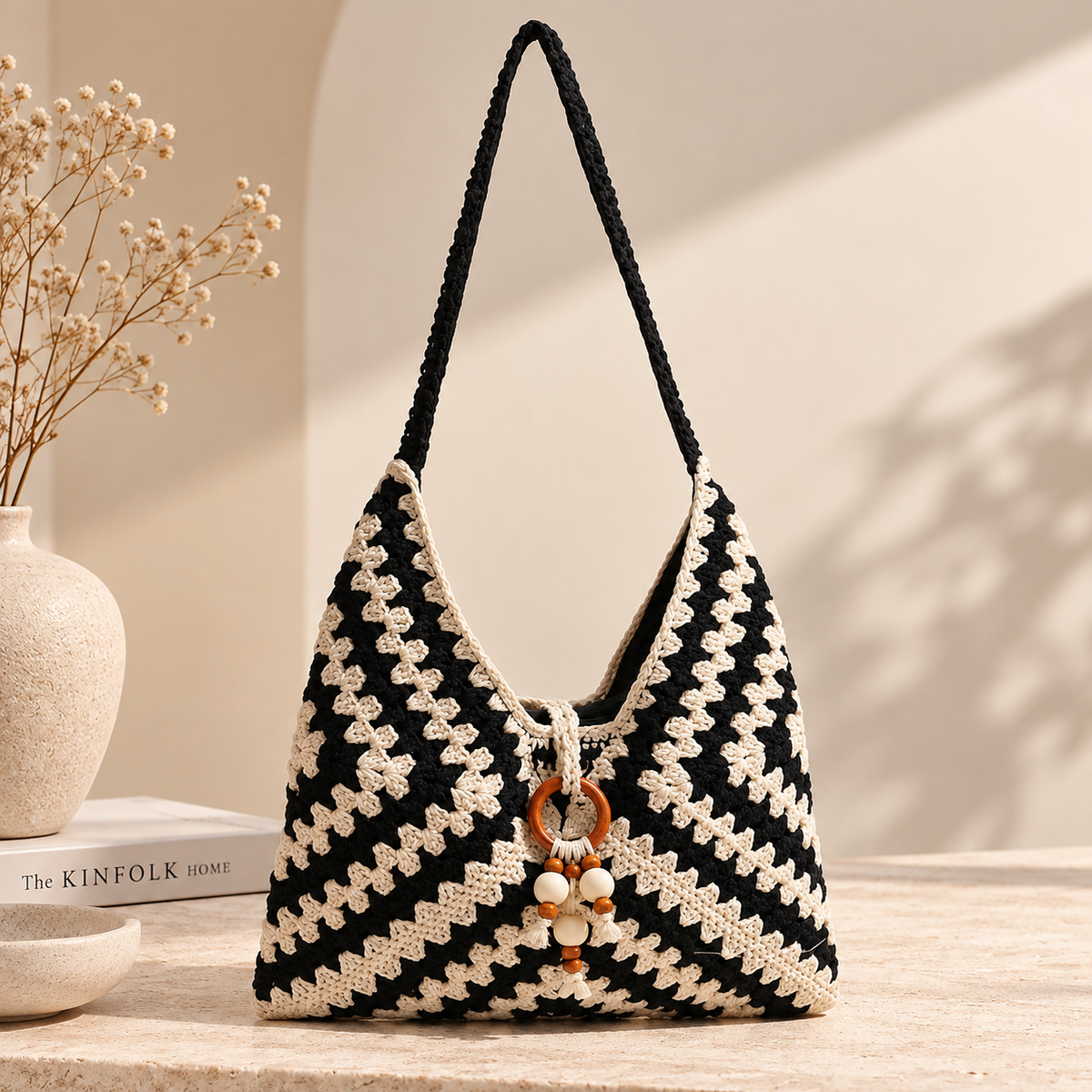 Cotton Woven Shoulder Bag — Colorful Granny Stitch Crochet Beach Bag in Black