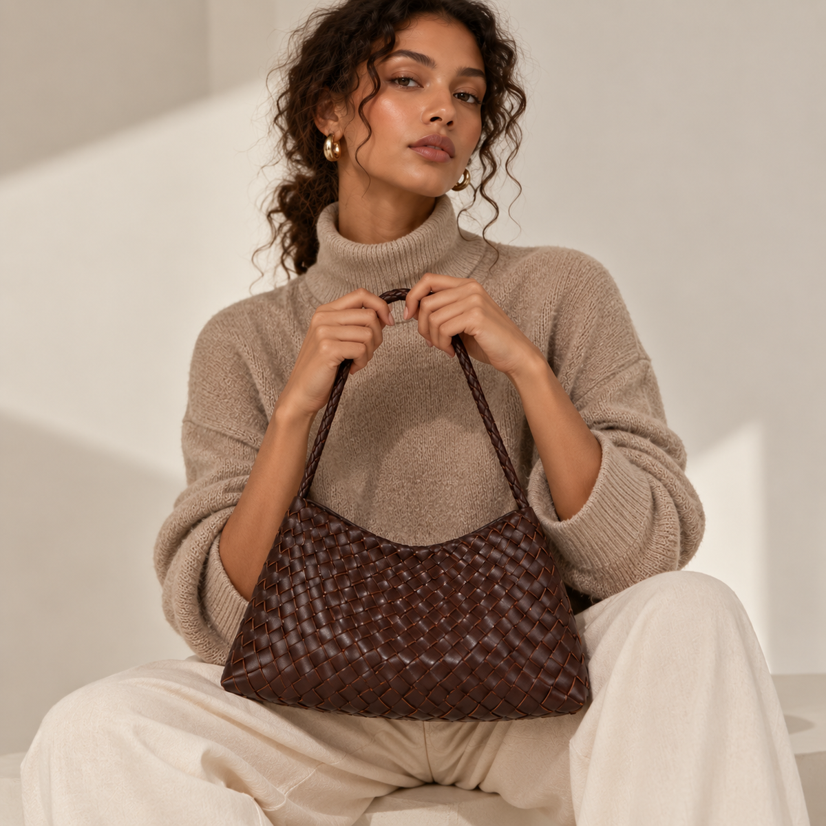 Chocolate woven vegan leather (PU) shoulder bag — Gather product view | Woven Rove