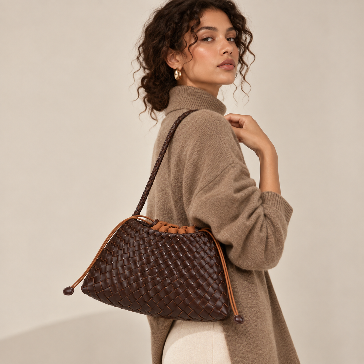Chocolate woven vegan leather (PU) shoulder bag — Gather product view | Woven Rove
