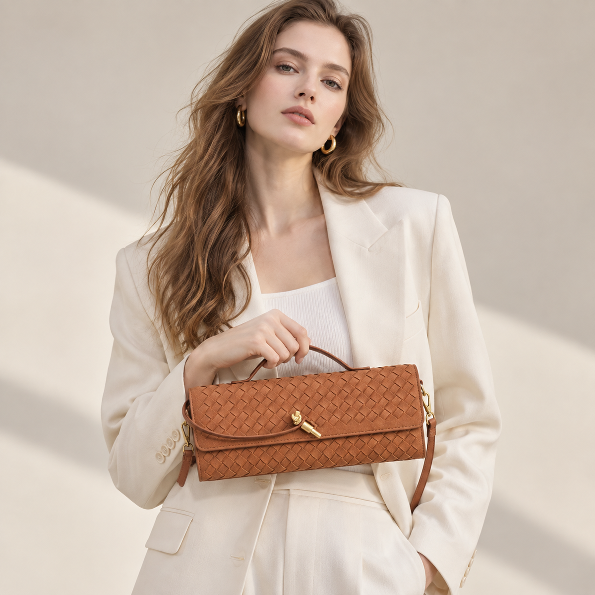 Brown woven vegan leather (PU) baguette shoulder bag — Line product view | Woven Rove